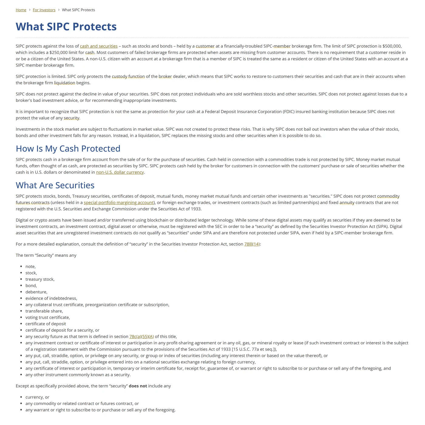 SIPC What SIPC Protects page showing account protection limits and exclusions