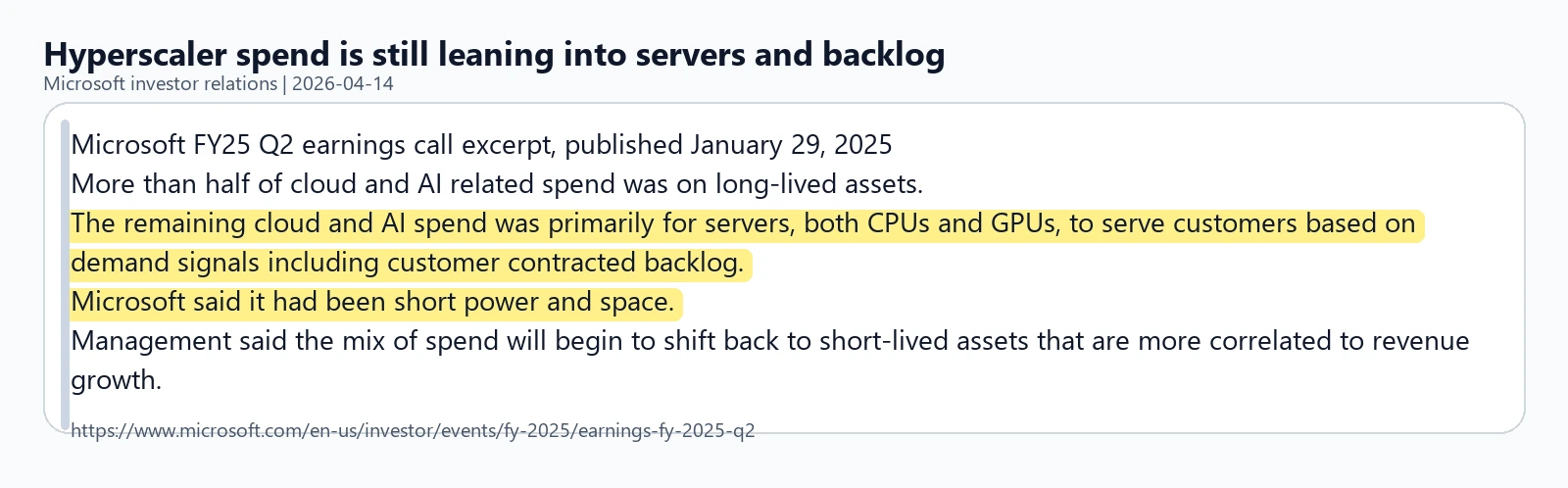 Microsoft excerpt showing cloud and AI spend still going to servers, CPUs and GPUs against contracted backlog