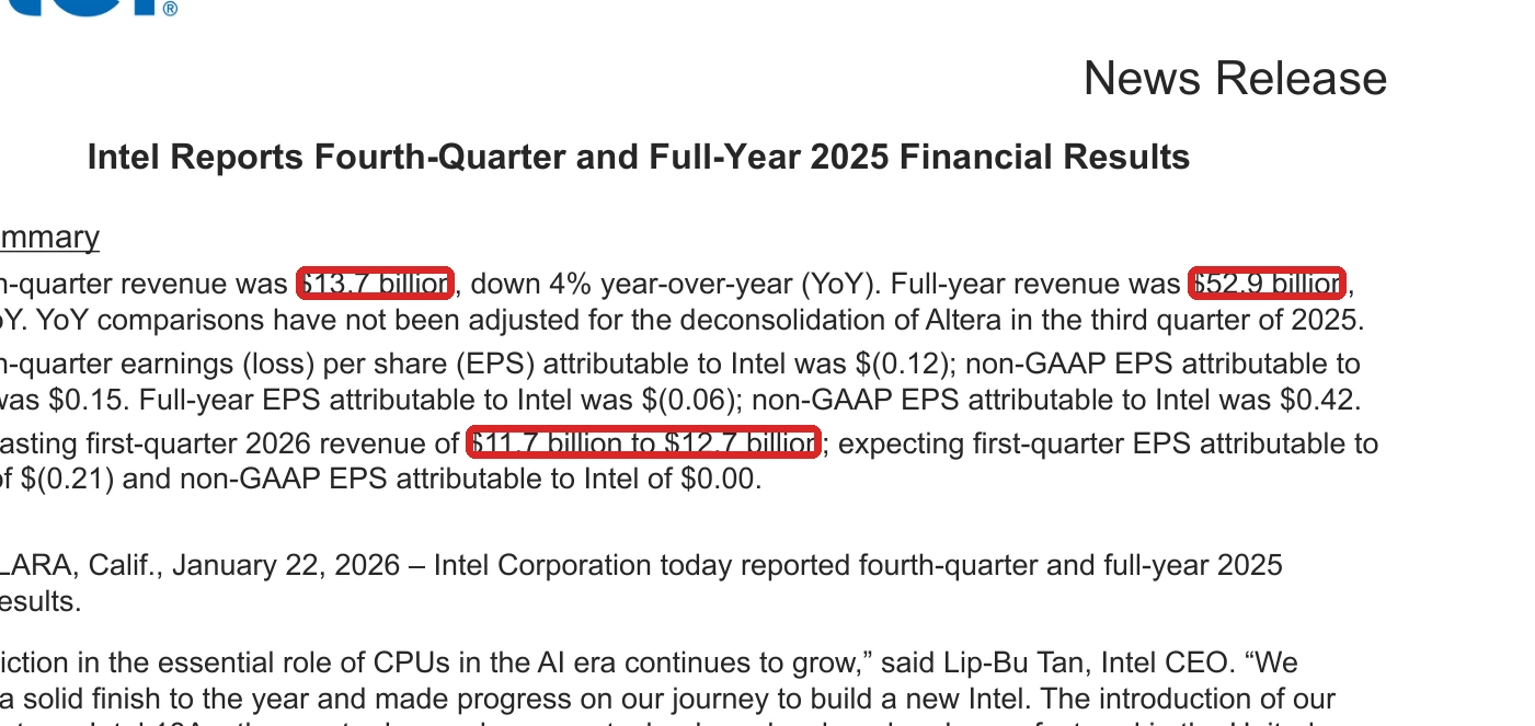 Intel Q4 and full-year 2025 earnings-release excerpt highlighting fourth-quarter revenue, full-year revenue, and first-quarter 2026 revenue guidance