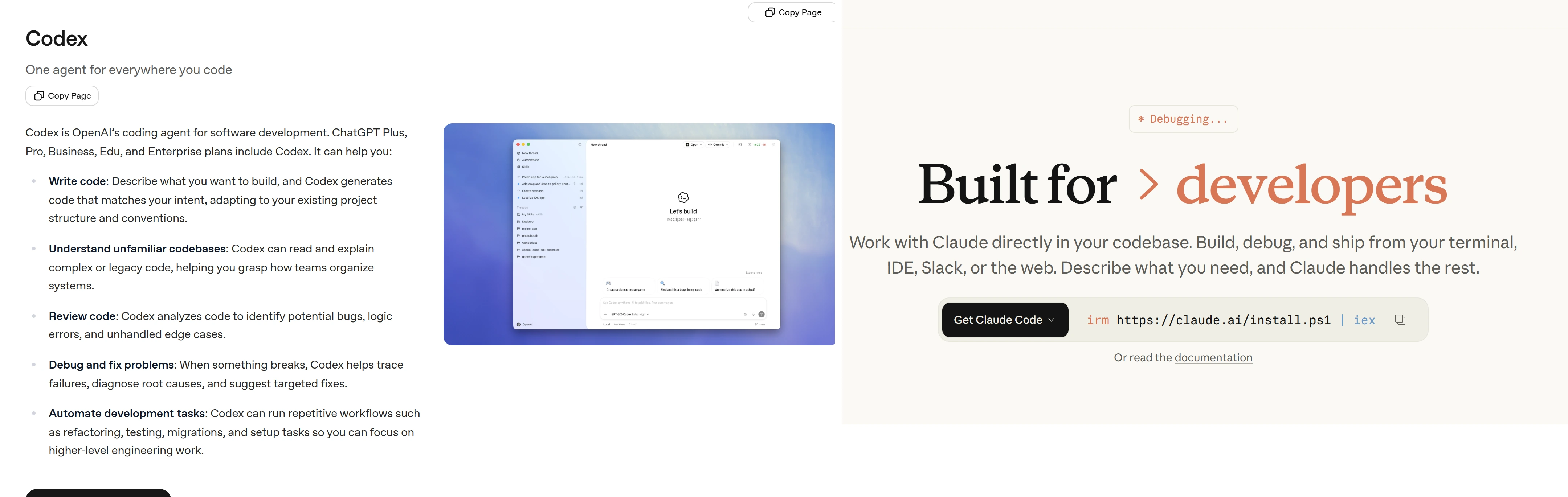 OpenAI Codex와 Anthropic Claude Code 공식 페이지에서 코딩 에이전트가 코드 변경, 테스트, 개발 작업을 지원한다는 점을 보여주는 캡처