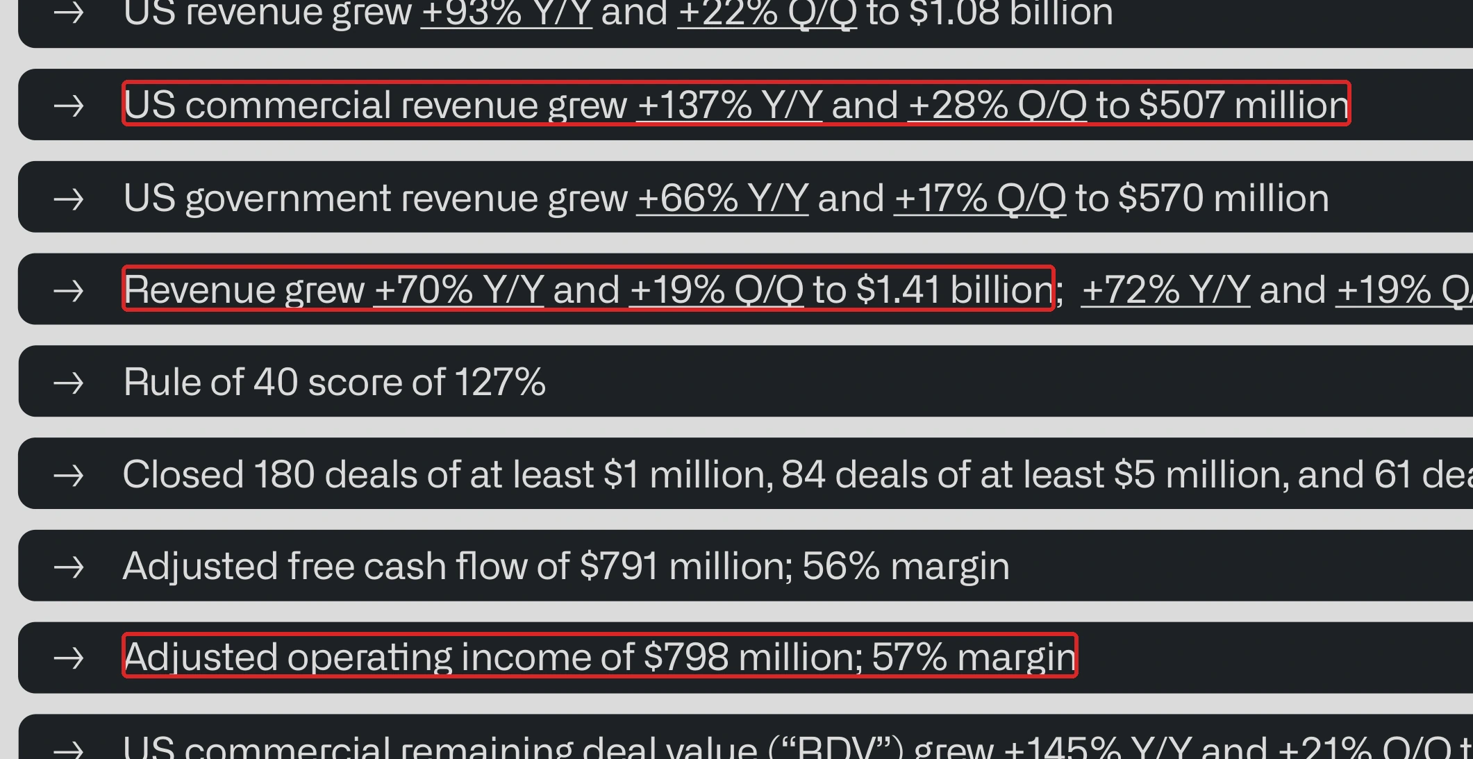 팔란티어 2025년 4분기 투자자 프레젠테이션에서 매출 성장, 미국 상업 부문 성장, 조정 영업이익을 보여주는 발췌 화면