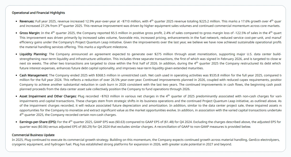 Plug Power Q4 and full-year 2025 operational highlights excerpt showing revenue growth, positive gross profit, liquidity planning, and cash management