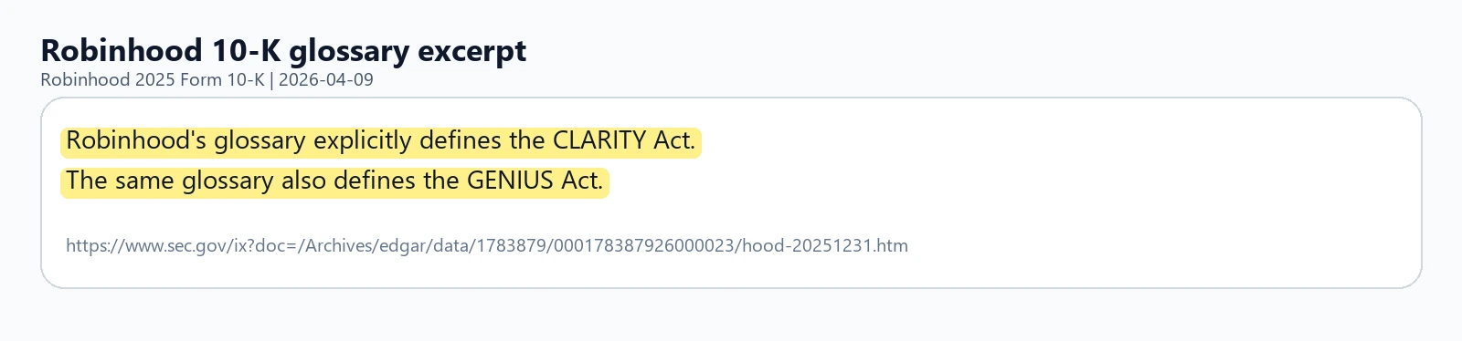 Excerpt from Robinhood's 2025 Form 10-K glossary showing CLARITY Act and GENIUS Act definitions