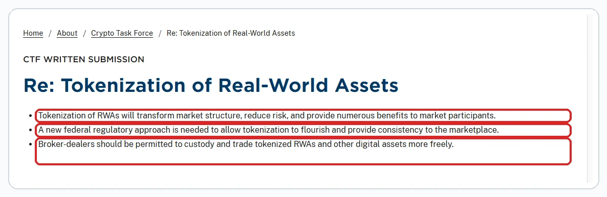Excerpt from Robinhood's SEC tokenization submission highlighting its claims about tokenized real-world assets and broker-dealer permissions