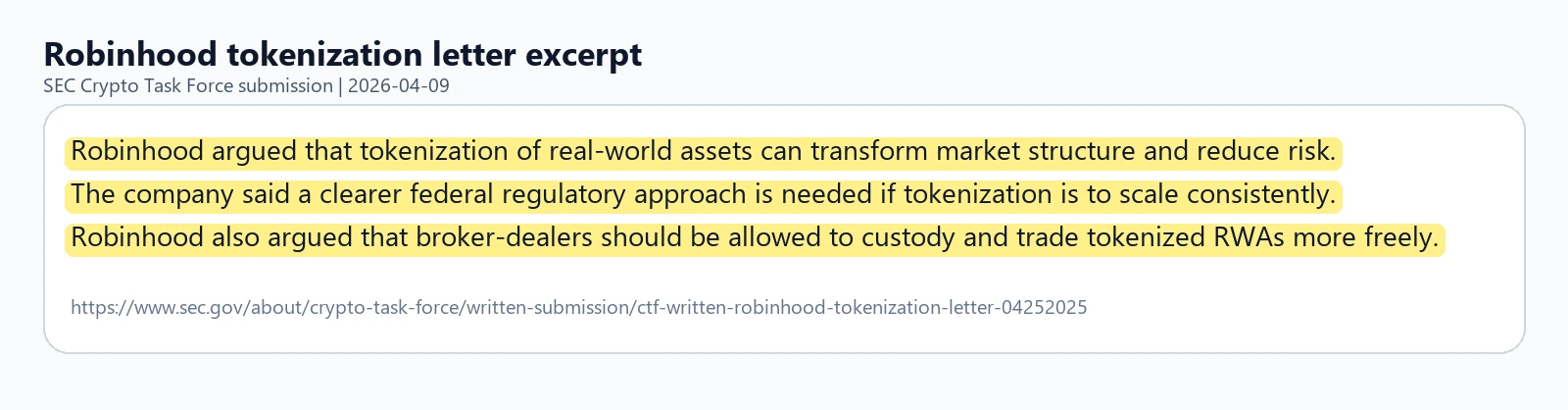 Excerpt from Robinhood's SEC tokenization submission highlighting tokenized real-world assets and broker-dealer permissions