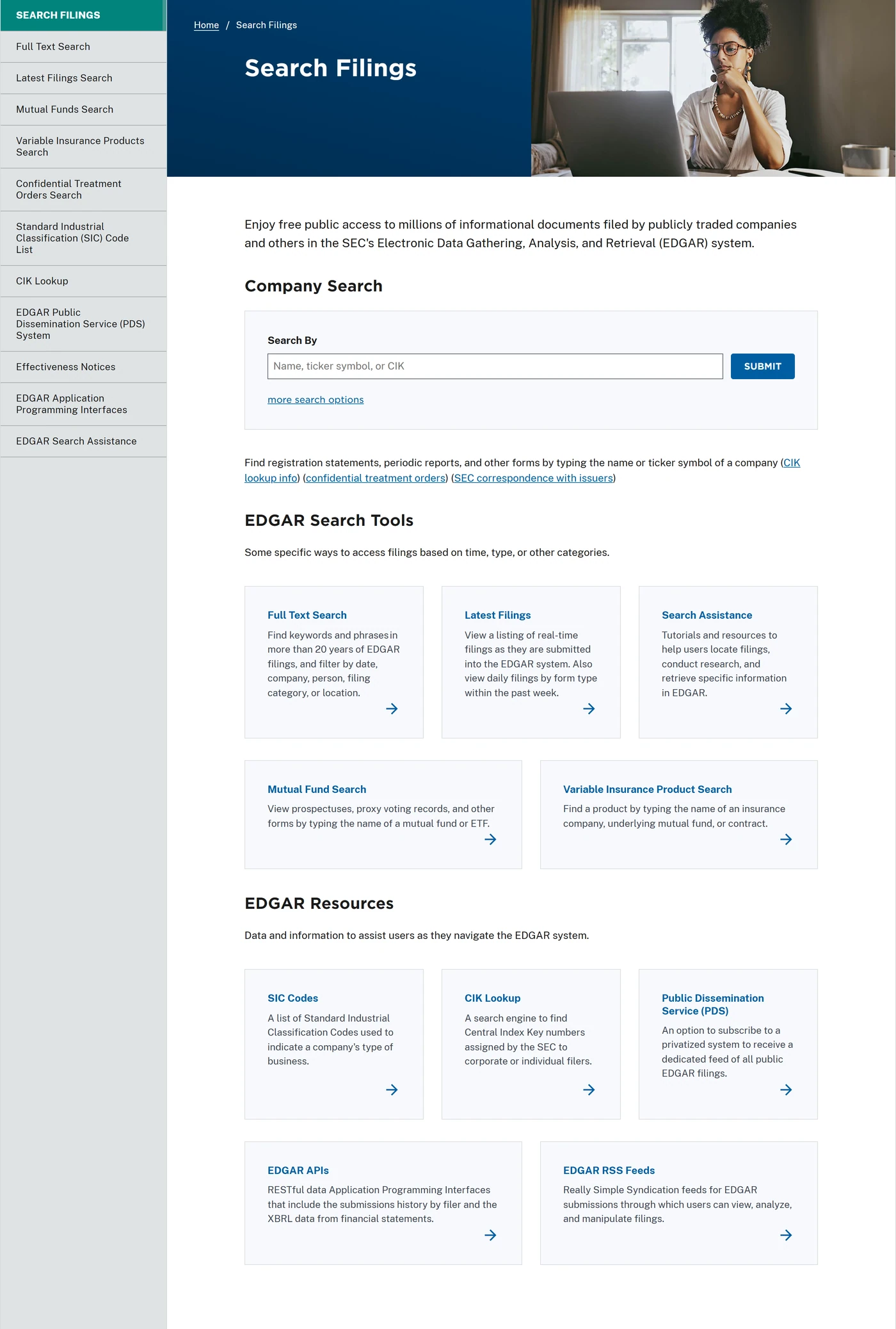SEC EDGAR Search Filings page showing company search and EDGAR search tools