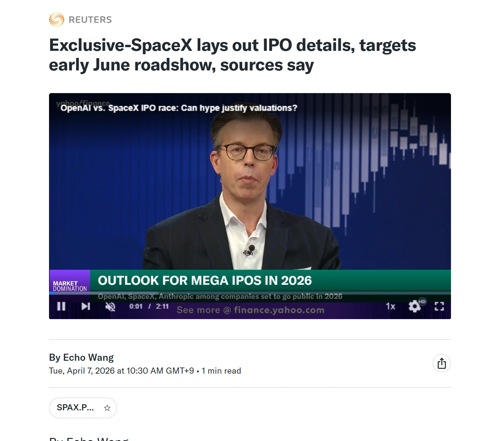 Reuters report on Yahoo Finance showing SpaceX's early-June roadshow, retail allocation plans, and June investor event