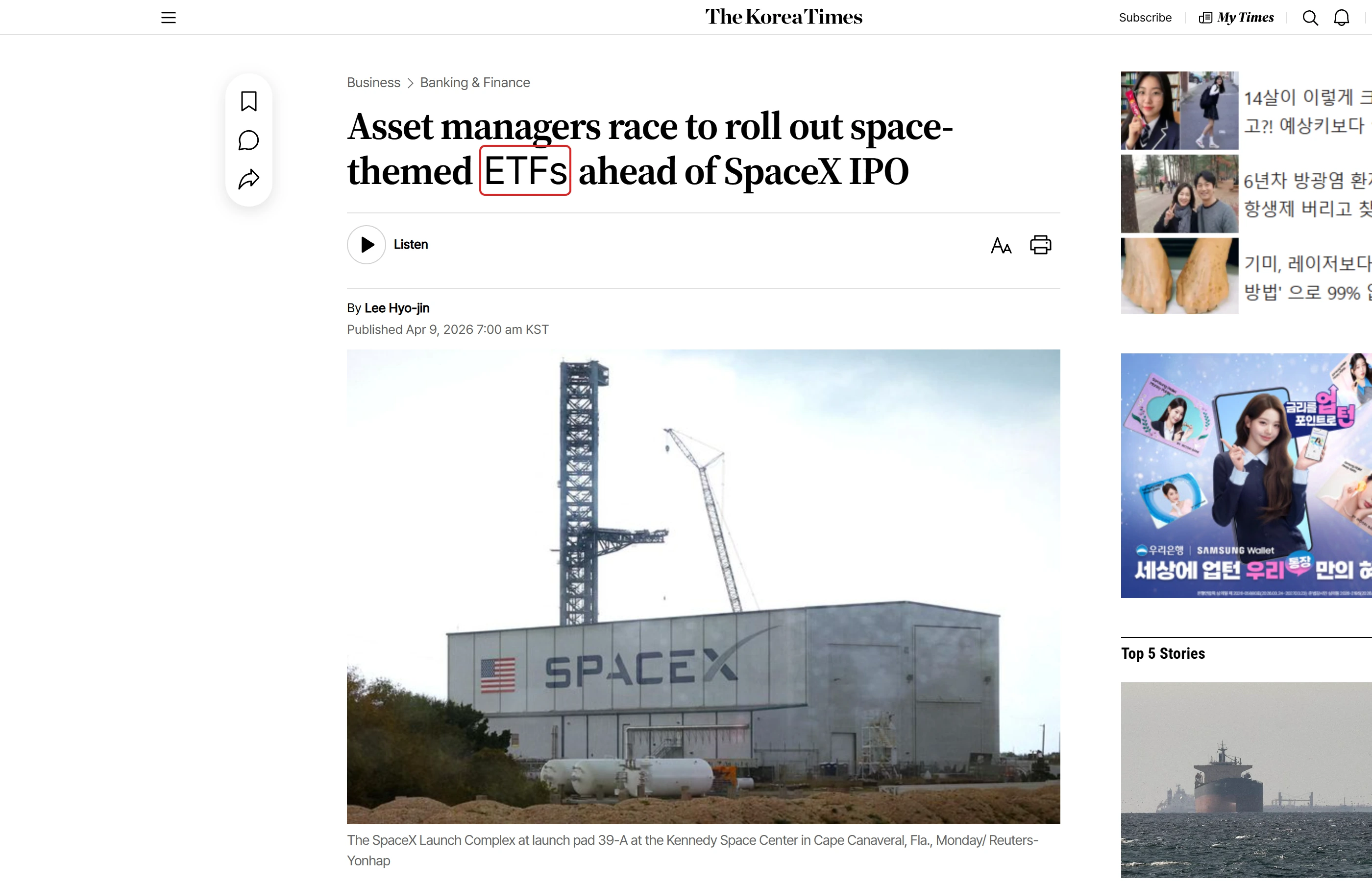 Korea Times article showing Korean asset managers racing to launch space-themed ETFs ahead of a SpaceX IPO