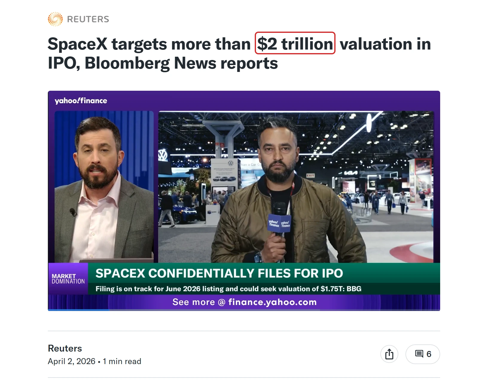 Reuters report on Yahoo Finance saying SpaceX had boosted the IPO valuation target above $2 trillion before the public filing