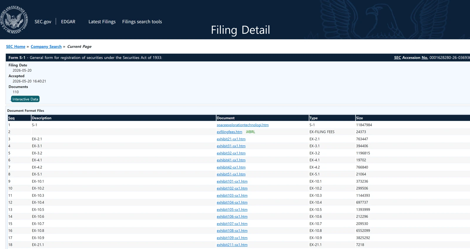 SEC EDGAR filing detail page showing SpaceX Form S-1 filing date, accession number, and linked registration statement