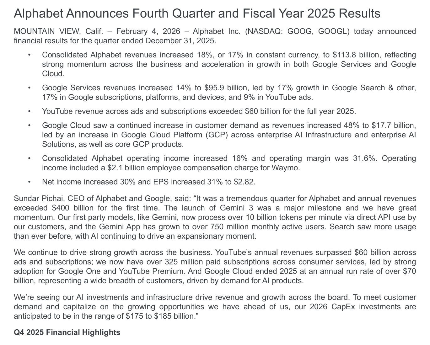 Alphabet Q4 2025 earnings release excerpt showing Google Cloud growth and 2026 capital expenditure guidance