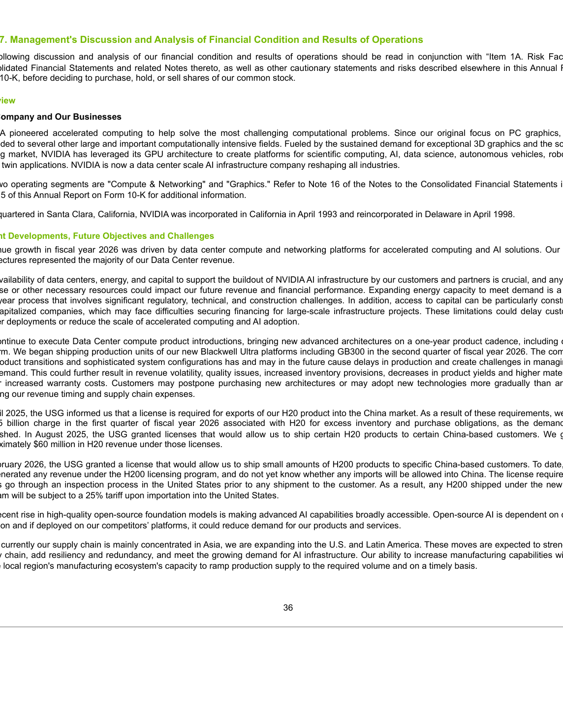 Excerpt from NVIDIA's FY2026 annual report showing the opening of the MD&A section