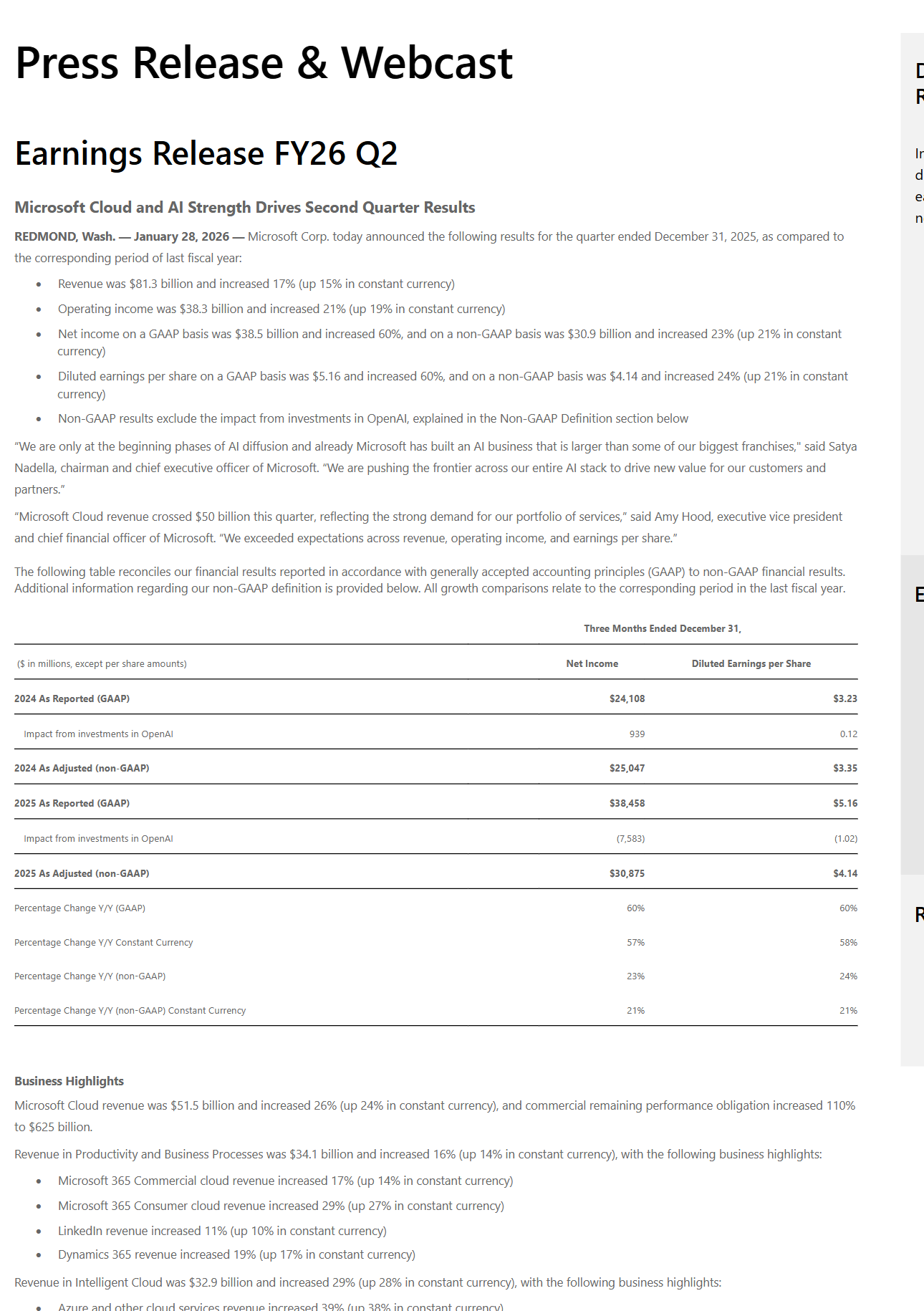 마이크로소프트 FY26 Q2 실적 발표 화면으로 매출, 영업이익, 순이익, EPS 성장률이 보이는 캡처