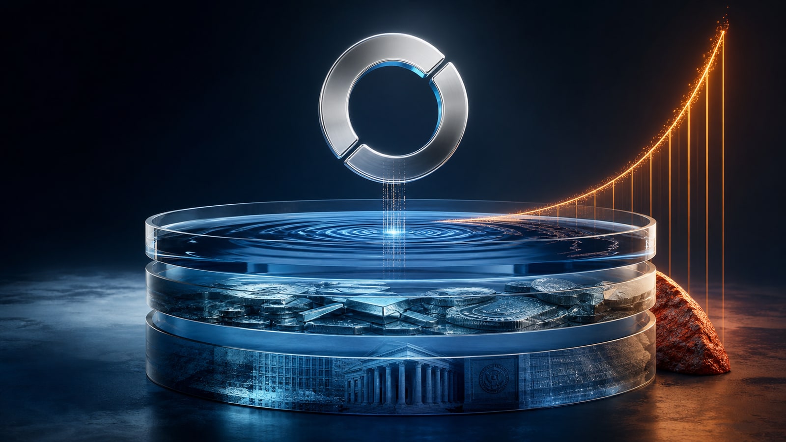 Editorial illustration of a stablecoin ring above reserve layers with an upward interest-rate arc.