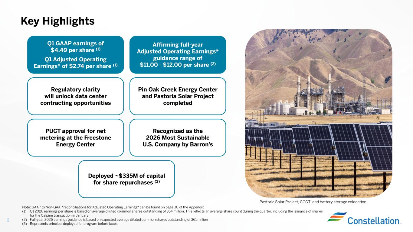 Official Constellation Q1 2026 highlights showing GAAP and adjusted EPS, full-year guidance, buybacks and regulatory contracting context