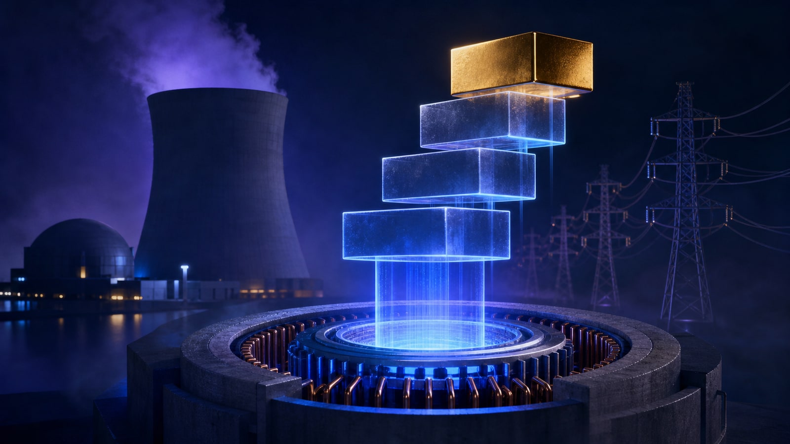 Editorial illustration of a nuclear plant and staged contract ladder rising toward cash.