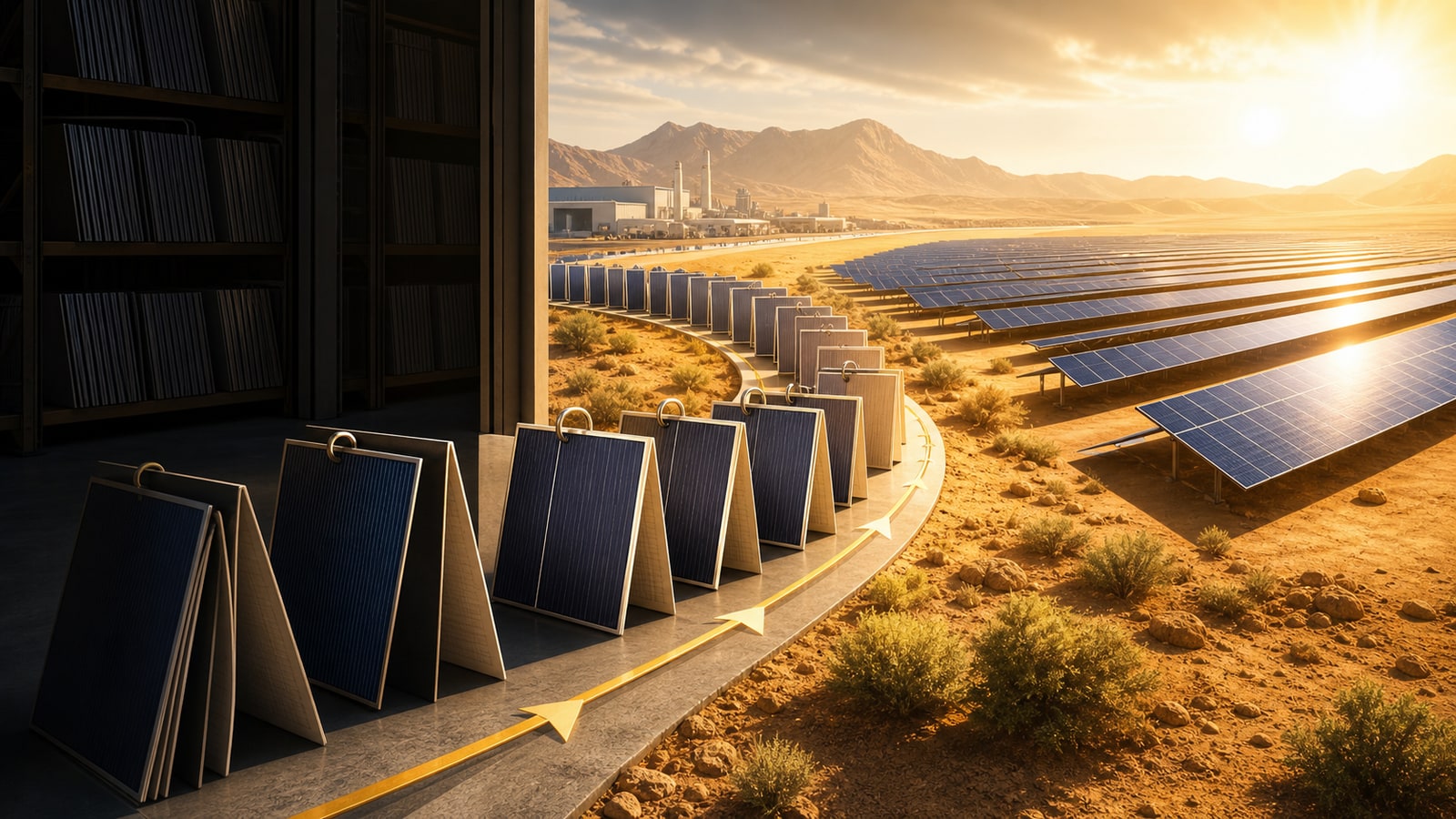 Editorial illustration of solar panels moving from backlog calendar tiles into an installed field.
