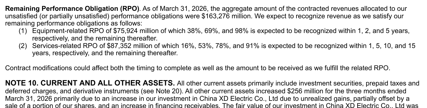 GE Vernova Form 10-Q passage showing $163.276 billion of RPO, equipment and services recognition schedules, and the contract-modification caveat