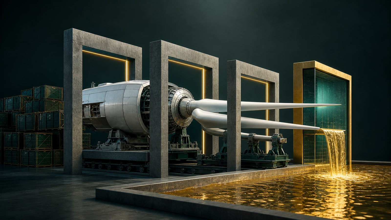 Editorial illustration of energy equipment passing manufacturing gates before releasing a gold cash stream.