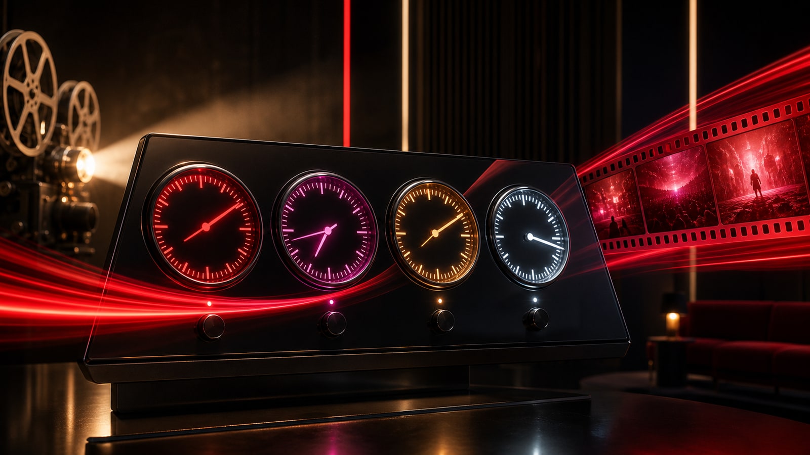 Editorial illustration of four illuminated operating clocks beside a streaming film reel.