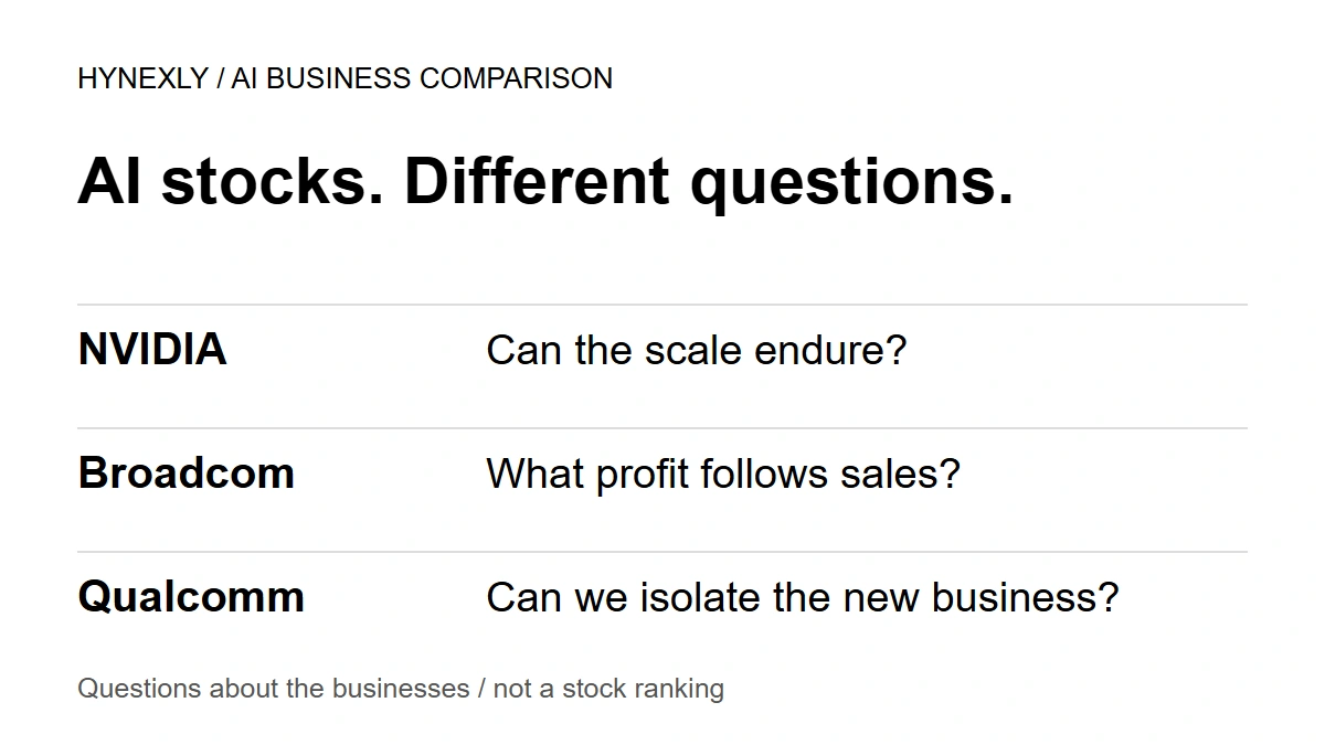 Three company-specific research questions: NVIDIA's durability, Broadcom's profit conversion and Qualcomm's separately observable business. Not a stock ranking.
