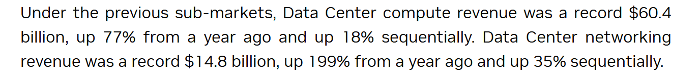 NVIDIA source statement reporting $60.4B of Data Center compute revenue and $14.8B of networking revenue