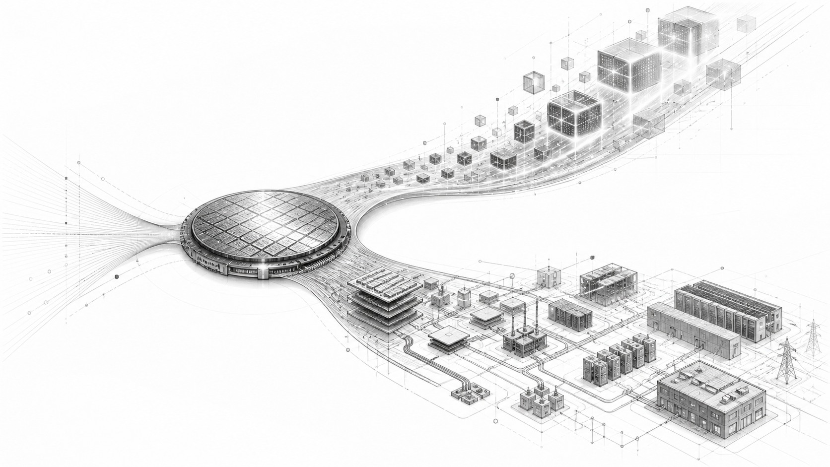 Text-free graphite editorial illustration of a semiconductor wafer splitting into accelerating compute blocks and a more complex data-center capital network.