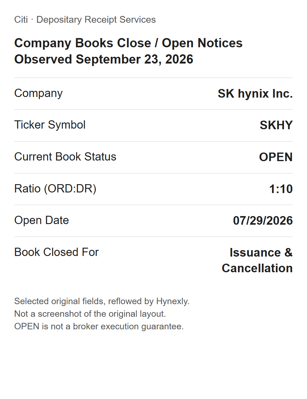SKHY, OPEN 상태, 1:10 비율과 7월 재개일을 보여주는 Citi 프로그램 원문 항목